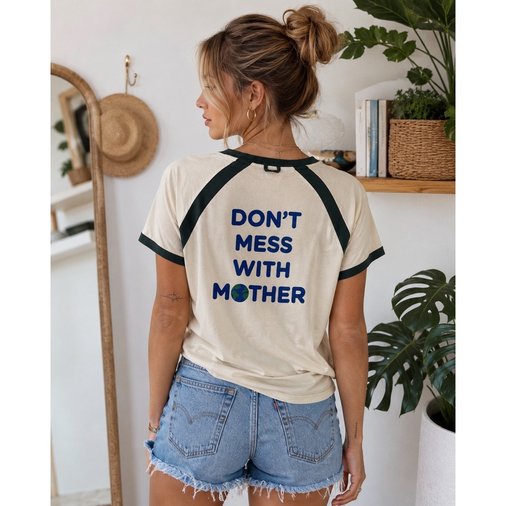 Camp Collection Large Ringer Tee V-Neck Dont Mess With Mother Graphic Cream